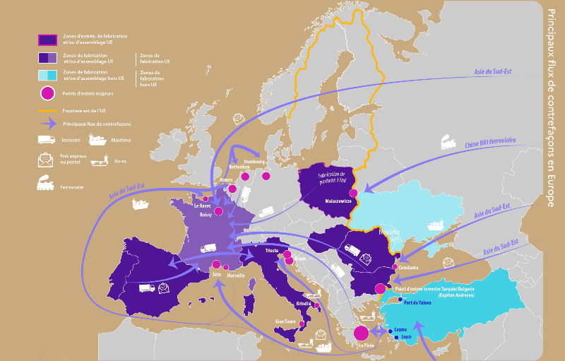 Principaux flux de contrefa&ccedil;ons en Europe