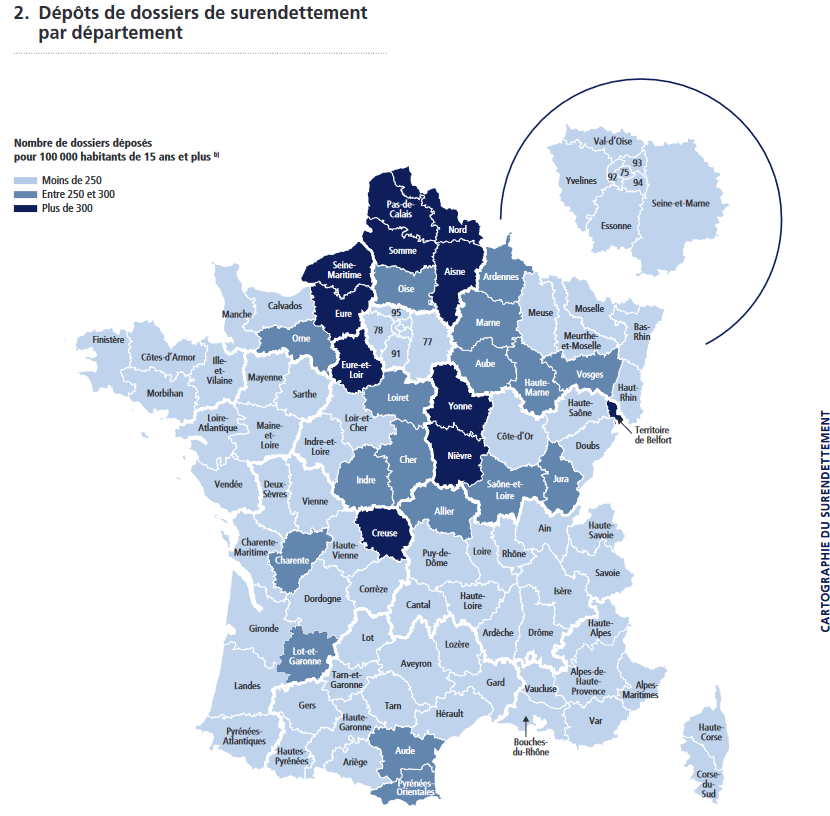 Nombre de dossiers de surendettement d&eacute;pos&eacute;s r&eacute;partis sur le territoire m&eacute;tropolitain