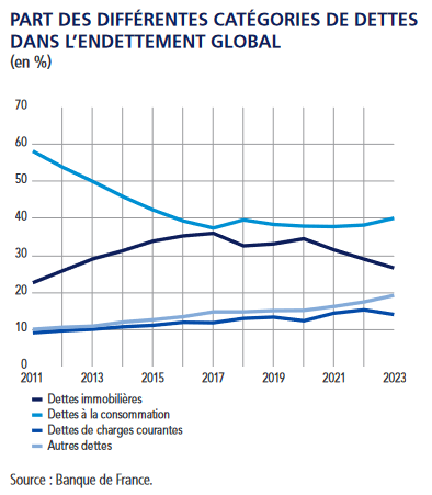 Part des diff&eacute;rentes cat&eacute;gories de dettes dans l'endettement global