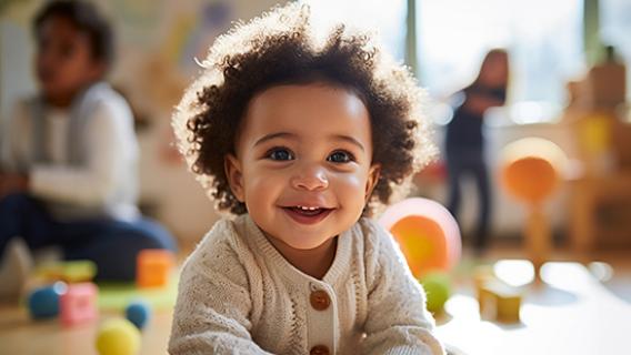 Jeune enfant en gros plan face à l'objectif du photographe, dans une salle de jeux colorée située en arrère-plan