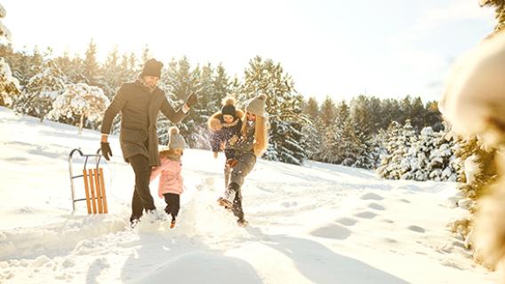 Un couple et ses deux enfants marchent dans la neige, aux abords d'une forêt, se préparant à faire de la luge