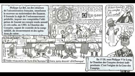 vignette de bande dessinée réalisées par P. Rigomont présentant la Chambre des comptes du roi de France