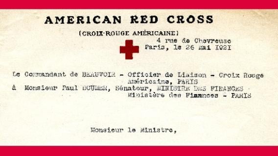 Reproduction de l'ent&ecirc;te d'un courrier de la Croix Rouge am&eacute;ricaine au ministre des Finances, 26 mai 1921