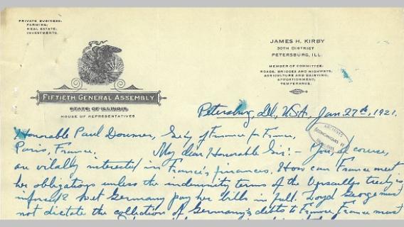Courrier du 27 janvier 1921 adressé à Paul Doumer, ministre des finances, par un membre de la chambre des représentants de l'Illinois