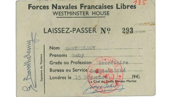 Laissez-passer des Forces Navales Fran&ccedil;aises Libres (15 d&eacute;cembre 1941)