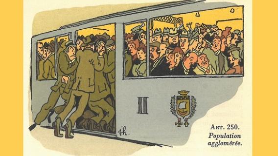 Code g&eacute;n&eacute;ral des imp&ocirc;ts, 1944. Pou illustrer l'art. 250 "population agglom&eacute;r&eacute;e", la caricature humoristique repr&eacute;sente des personnes encore sur le quai qui poussent et tentent de monter dans la rame bond&eacute;e du m&eacute;tro