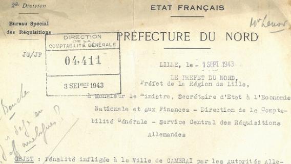 Courrier de la Pr&eacute;fecture du Nord au Service central des r&eacute;quisitions allemandes (1er septembre 1943)