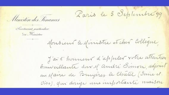 Courrier de Joseph Caillaux &agrave; Alexandre Millerand, 5 septembre 1899
