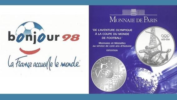Visuel indiquant "Bonjour 98, la France accueille le monde" ; visuel de la Monnaie de Paris montrant une pièce illustrant les disciplines olympiques et annonce d'une exposition "de l'aventure olympique à la coupe du monde"