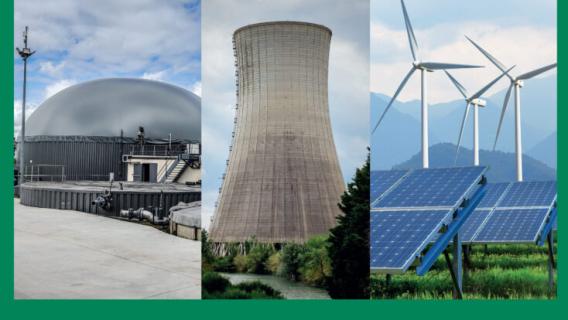 Triptyque avec le site de méthanisation d’Eure-et-Loir, la centrale nucléaire du Tricastin, des panneaux solaires et éoliennes
