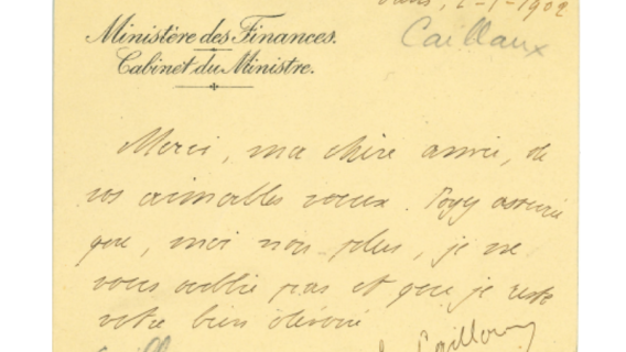 Note de remerciement de Joseph Caillaux rédigée sur une carte de visite à en-tête du ministère des Finances – Cabinet du ministre.