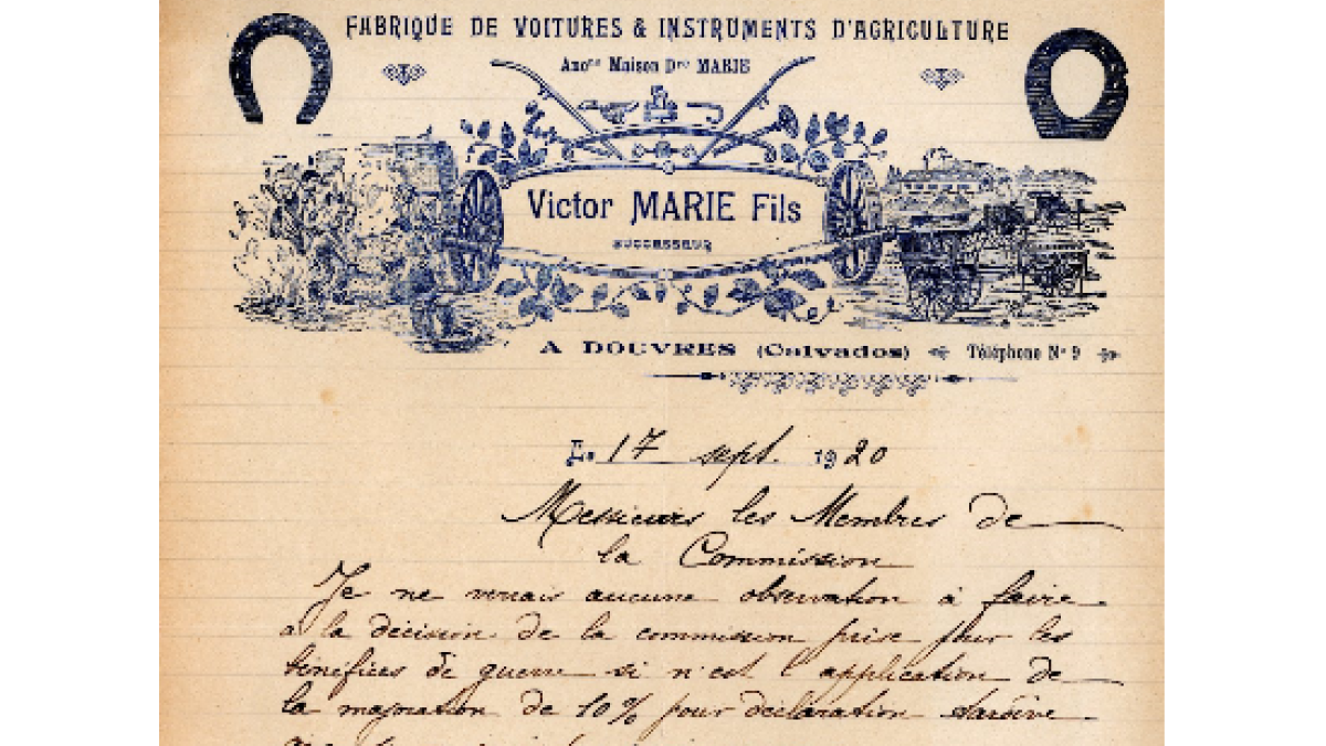 Réclamation de l'entreprise Victor MARIE fils, fabriquante de voitures 