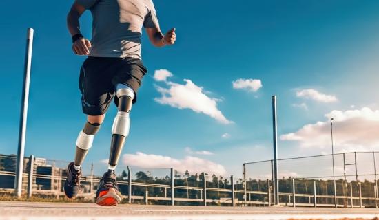 Un athlète portant deux prothèses de jambes court sur un terrain de sport.