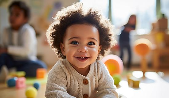 Jeune enfant en gros plan face à l'objectif du photographe, dans une salle de jeux colorée située en arrère-plan